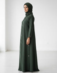Olive Green Vertical Ribbed Abaya - Premium Textured Open-Front Modest Cardigan with Silver Triangle Detailing - 54" Length