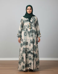 Vintage Emerald Floral Nida Abaya - Elegant Digital Print Open-Front Cardigan with Gold & Black Enamel Accents - 56" Length