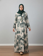 Vintage Emerald Floral Nida Abaya - Elegant Digital Print Open-Front Cardigan with Gold & Black Enamel Accents - 56" Length