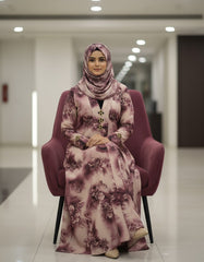 Vintage Mauve Floral Nida Abaya – Premium Digital Print Open-Front Modest Cardigan with Gold & Black Enamel Accents – 56" Length