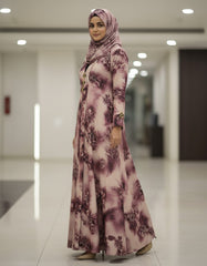 Vintage Mauve Floral Nida Abaya – Premium Digital Print Open-Front Modest Cardigan with Gold & Black Enamel Accents – 56" Length