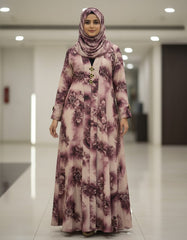Vintage Mauve Floral Nida Abaya – Premium Digital Print Open-Front Modest Cardigan with Gold & Black Enamel Accents – 56" Length