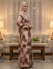 Vintage Mocha Earth Bloom Nida Abaya – Premium Digital Print Front-Open Modest Cardigan with Gold & Black Enamel Hardware – 56" Length