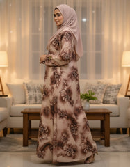 Vintage Mocha Earth Bloom Nida Abaya – Premium Digital Print Front-Open Modest Cardigan with Gold & Black Enamel Hardware – 56" Length