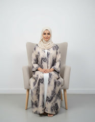 Vintage Smoky Graphite Floral Nida Abaya – Premium Digital Print Open-Front Modest Cardigan – 56" Length, 24" Bust