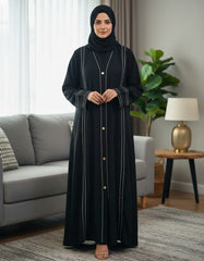 Tehnoor Noir Stellar Piping Abaya – Premium Zoom Front-Open Coat with Silver Beadwork & Lattice Lace – 54" Length, 24" Bust