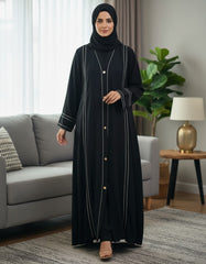 Tehnoor Noir Stellar Piping Abaya – Premium Zoom Front-Open Coat with Silver Beadwork & Lattice Lace – 54" Length, 24" Bust