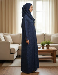Tehnoor Midnight Azure Floral Abaya – Premium Zoom Fabric with Embossed-Effect Print & Golden Accents – 56" Length, 24" Bust