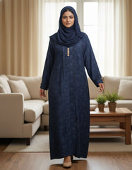Tehnoor Midnight Azure Floral Abaya – Premium Zoom Fabric with Embossed-Effect Print & Golden Accents – 56" Length, 24" Bust