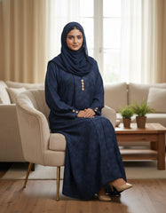 Tehnoor Midnight Azure Floral Abaya – Premium Zoom Fabric with Embossed-Effect Print & Golden Accents – 56" Length, 24" Bust