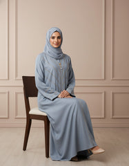Light Blue Minimalist Stone-Work Abaya Without Hijab