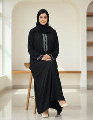 Tehnoor Midnight Onyx Embroidered Abaya – Premium Black Georget Fabric with Blue Geometric Borders & Tassel Detail – 54" Length, 24" Bust