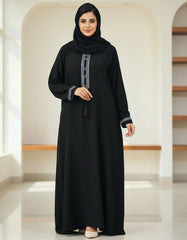 Tehnoor Midnight Onyx Embroidered Abaya – Premium Black Georget Fabric with Blue Geometric Borders & Tassel Detail – 54" Length, 24" Bust