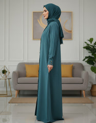 Tehnoor Teal Serenity Button-Down Abaya – Premium Zoom Fabric with Gold Hardware & Cuffed Sleeves – 54" Length, 24" Bust