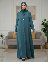 Tehnoor Teal Serenity Button-Down Abaya – Premium Zoom Fabric with Gold Hardware & Cuffed Sleeves – 54" Length, 24" Bust