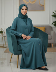 Tehnoor Teal Serenity Button-Down Abaya – Premium Zoom Fabric with Gold Hardware & Cuffed Sleeves – 54" Length, 24" Bust