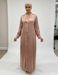 Tehnoor Rose Gold Satin Button-Down Abaya – Premium Heavy Satin Fabric – Functional Gold Hardware – 54" Length, 24" Bust