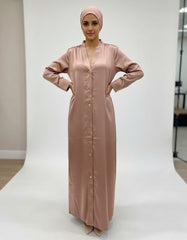 Tehnoor Rose Gold Satin Button-Down Abaya – Premium Heavy Satin Fabric – Functional Gold Hardware – 54" Length, 24" Bust