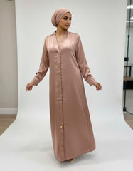 Tehnoor Rose Gold Satin Button-Down Abaya – Premium Heavy Satin Fabric – Functional Gold Hardware – 54" Length, 24" Bust
