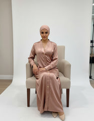 Tehnoor Rose Gold Satin Button-Down Abaya – Premium Heavy Satin Fabric – Functional Gold Hardware – 54" Length, 24" Bust