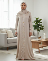 Tehnoor Champagne Gold Button-Down Abaya – Premium Satin-Finish Fabric – Functional Gold Hardware – 54" Length, 24" Bust