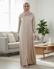 Tehnoor Champagne Gold Button-Down Abaya – Premium Satin-Finish Fabric – Functional Gold Hardware – 54" Length, 24" Bust