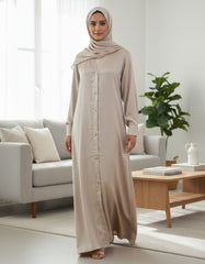 Tehnoor Champagne Gold Button-Down Abaya – Premium Satin-Finish Fabric – Functional Gold Hardware – 54" Length, 24" Bust