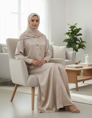 Tehnoor Champagne Gold Button-Down Abaya – Premium Satin-Finish Fabric – Functional Gold Hardware – 54" Length, 24" Bust