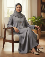 Tehnoor Slate Silk-Satin Abaya – Premium Heavy Satin Fabric with Gold Medallion Button – 54" Length, 24" Bust