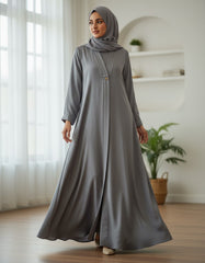 Tehnoor Slate Silk-Satin Abaya – Premium Heavy Satin Fabric with Gold Medallion Button – 54" Length, 24" Bust