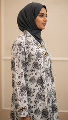 Tehnoor Monochrome Vintage Floral Abaya – Premium Indian Nida Fabric Modest Cardigan with Gold & Black Enamel Accents - 56" Length