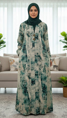 Tehnoor Monochrome Vintage Floral Abaya – Premium Indian Nida Fabric Modest Cardigan with Cream and Green Enamel Accents - 56" Length