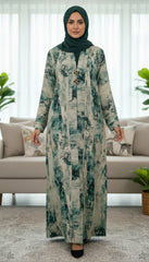 Tehnoor Monochrome Vintage Floral Abaya – Premium Indian Nida Fabric Modest Cardigan with Cream and Green Enamel Accents - 56" Length