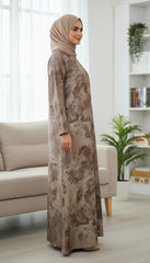 Tehnoor Earthborn Abstract Mocha Abaya – Premium Indian Nida Fabric Front-Hidden Button Modest Dress with Textured Stonewash Pattern