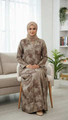 Tehnoor Earthborn Abstract Mocha Abaya – Premium Indian Nida Fabric Front-Hidden Button Modest Dress with Textured Stonewash Pattern