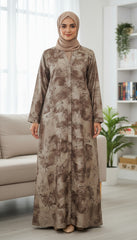 Tehnoor Earthborn Abstract Mocha Abaya – Premium Indian Nida Fabric Front-Hidden Button Modest Dress with Textured Stonewash Pattern