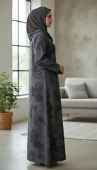 Tehnoor Urban Eclipse Abstract Charcoal Abaya – Premium Indian Nida Fabric Front-Hidden Button Modest Dress with Textured Stonewash Pattern