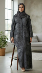 Tehnoor Urban Eclipse Abstract Charcoal Abaya – Premium Indian Nida Fabric Front-Hidden Button Modest Dress with Textured Stonewash Pattern
