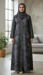 Tehnoor Urban Eclipse Abstract Charcoal Abaya – Premium Indian Nida Fabric Front-Hidden Button Modest Dress with Textured Stonewash Pattern