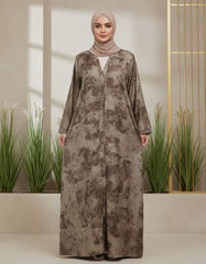 Tehnoor Earthborn Abstract Mocha Abaya – Premium Indian Nida Fabric Front-Hidden Button Modest Dress with Textured Stonewash Pattern