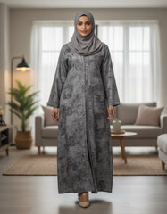Tehnoor Urban Eclipse Abstract Charcoal Abaya – Premium Indian Nida Fabric Front-Hidden Button Modest Dress with Textured Stonewash Pattern