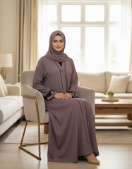 Elegant Mauve Textured Abaya | Sleek Black Piping & Cuff Details | Tehnoor