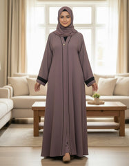 Elegant Mauve Textured Abaya | Sleek Black Piping & Cuff Details | Tehnoor