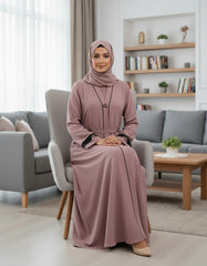 Elegant Dusty Pink Textured Abaya | Sleek Black Piping & A-Line Drape | Tehnoor