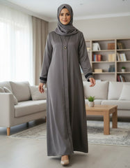 Elegant Grey Textured Abaya | Sleek Black Piping & A-Line Drape | Tehnoor