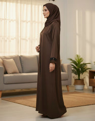 Elegant Chocolate Brown Textured Abaya | Sleek Black Piping & A-Line Drape | Tehnoor