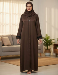 Elegant Chocolate Brown Textured Abaya | Sleek Black Piping & A-Line Drape | Tehnoor