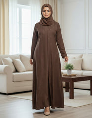 Elegant Chocolate Brown Open Abaya | Premium Crepe with Woven Leaf Motif | Tehnoor