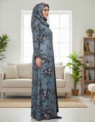 Elegant Slate Blue Floral Abaya | Rhinestone Trim & Statement Clasp | Tehnoor