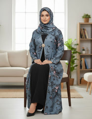 Elegant Slate Blue Floral Abaya | Rhinestone Trim & Statement Clasp | Tehnoor